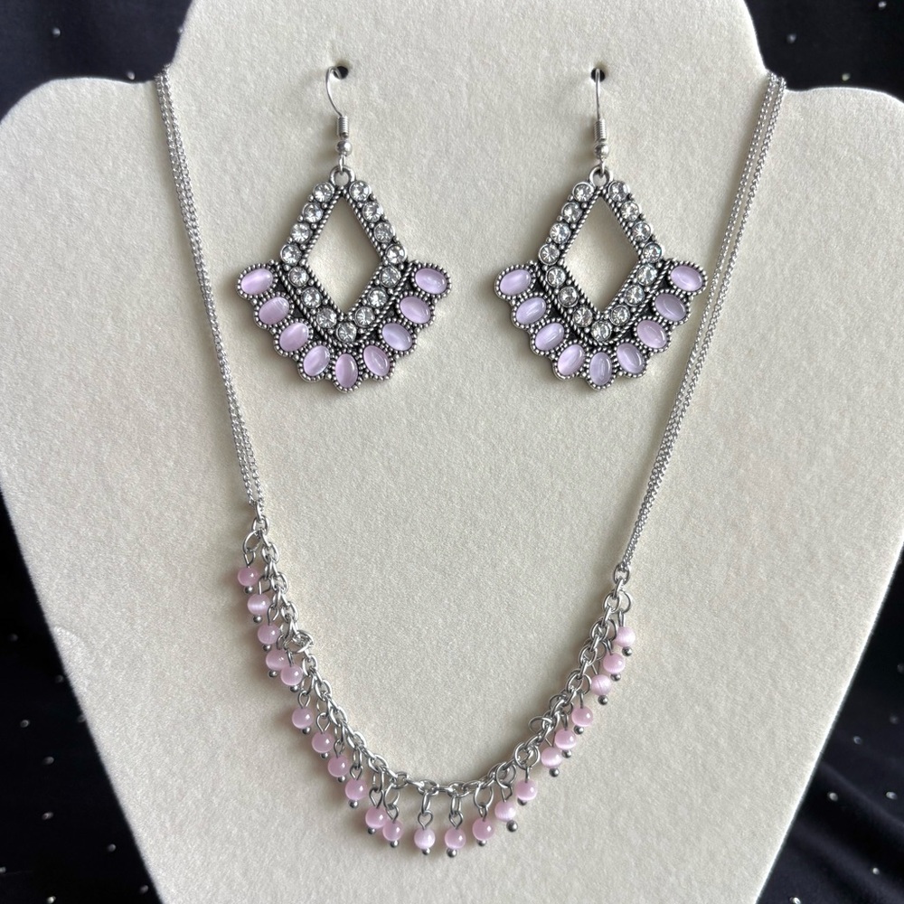 Silver Tone Pink Bead Necklace and Earrings Set